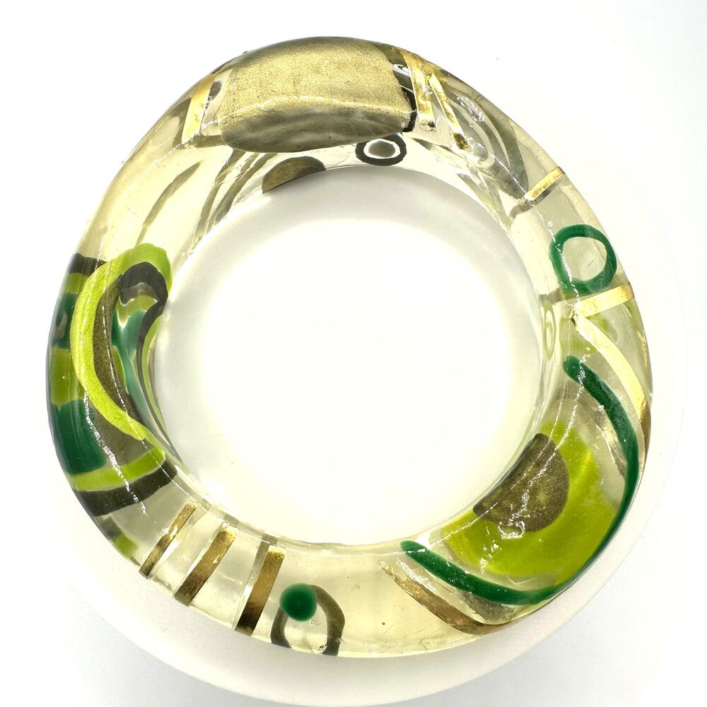 Vintage clear lucite/acrylic hand painted green gold chunky bangle bracelet